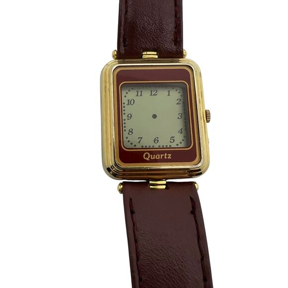 Vintage Quartz Square Dial Watch with Burgundy Leather Strap – Untested - Picture 2 of 5